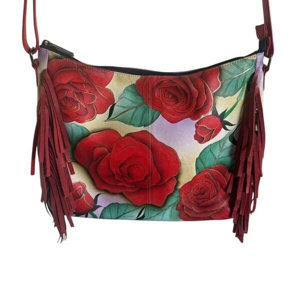 Anuschka Hand Painted Leather Hobo Fringed Roses Leather Wallet Purse Boho 8339 - Picture 1 of 10